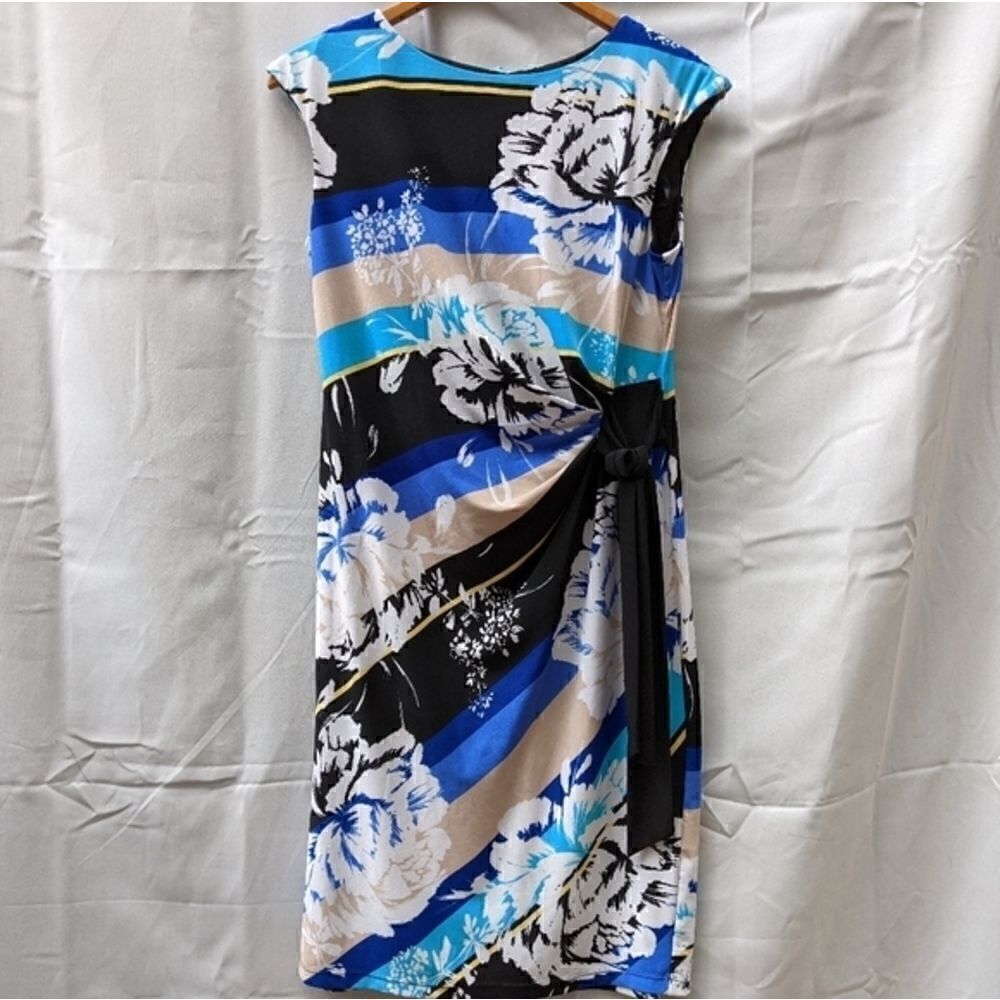 Roz & Ali sz 8 dress blue black tan white summer spring floral sleeveless